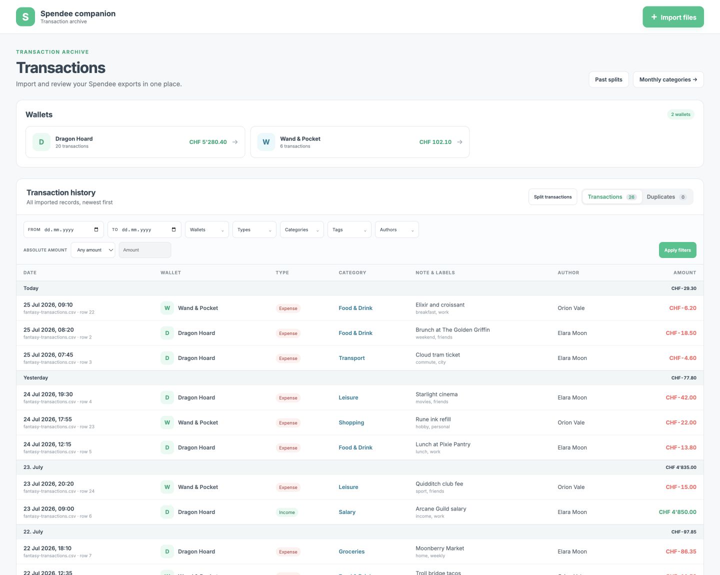 Spendee Companion dashboard showing fictional wallets and transactions